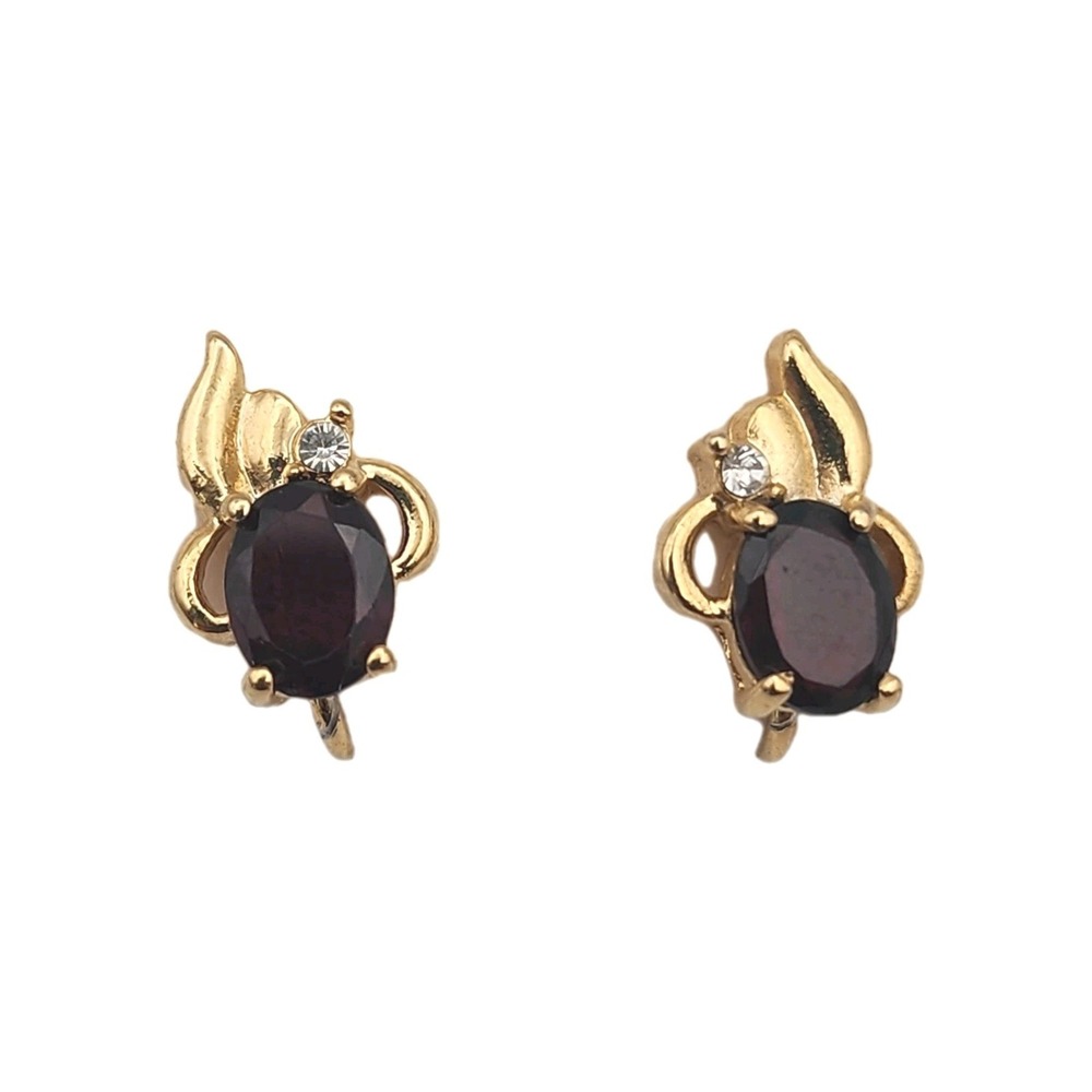 Vintage Garnet Oval Crystal Rhinestone Gold Tone Clip On Earrings Classic Gift